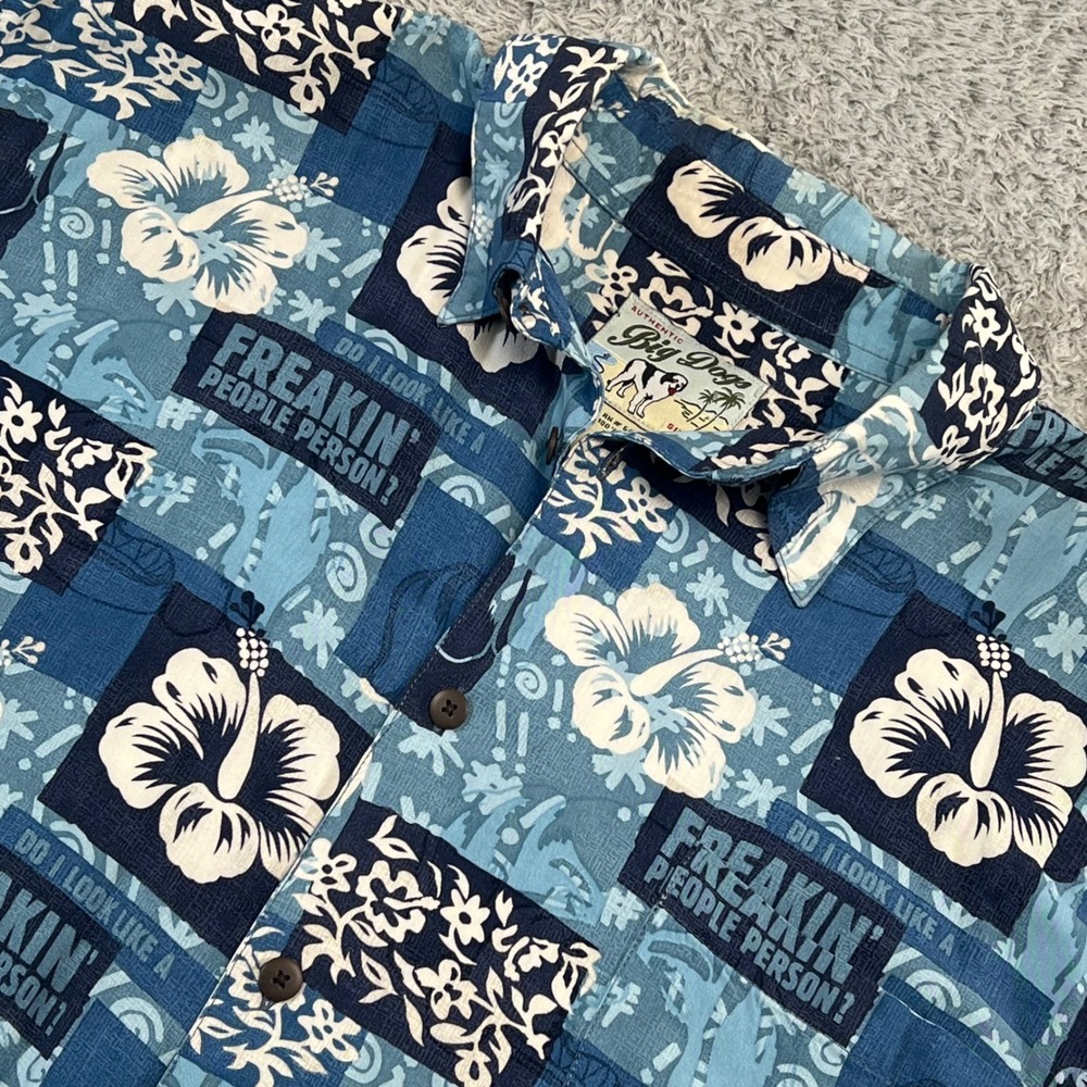 Big‎ Dogs Blue Rayon Freakin People Person Hawaiian Shirt Mens SM Aloha Floral